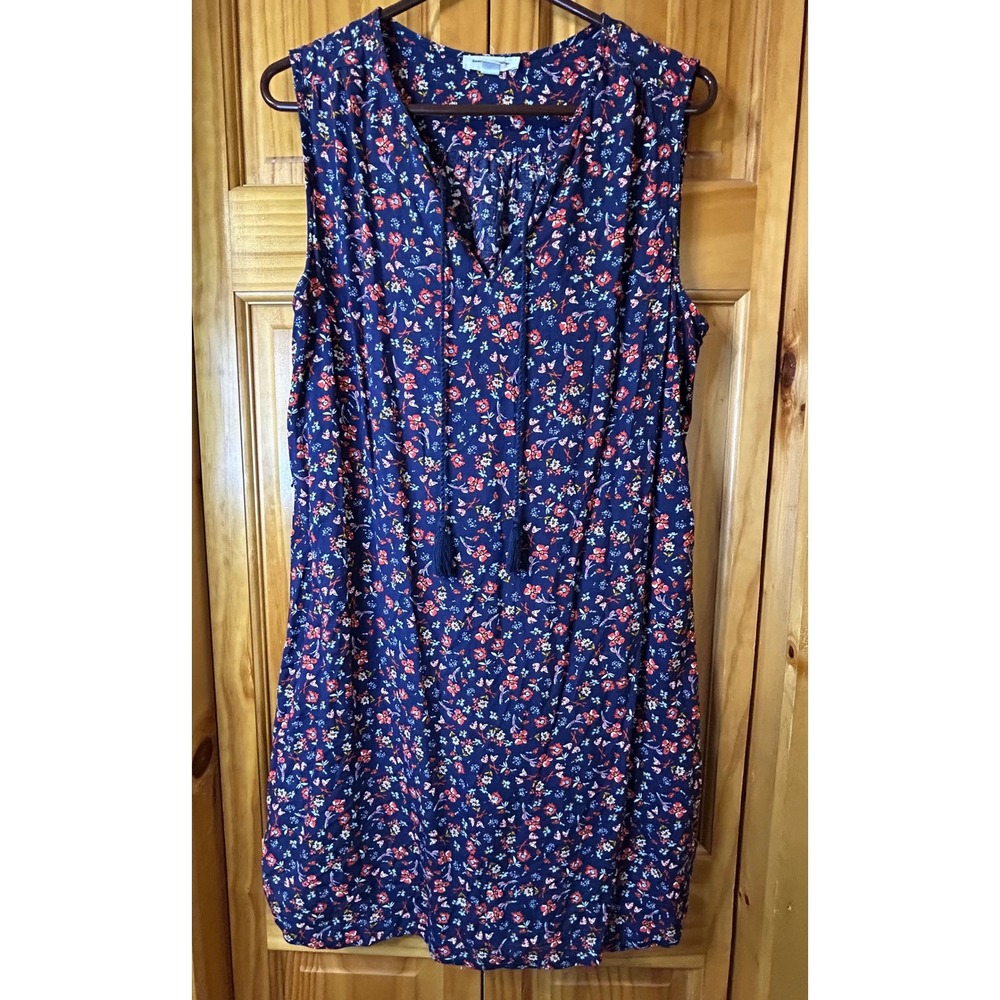 BeachLunchLounge Blue Floral Sleeveless Tunic Dress Boho Tassel Split Neck Large